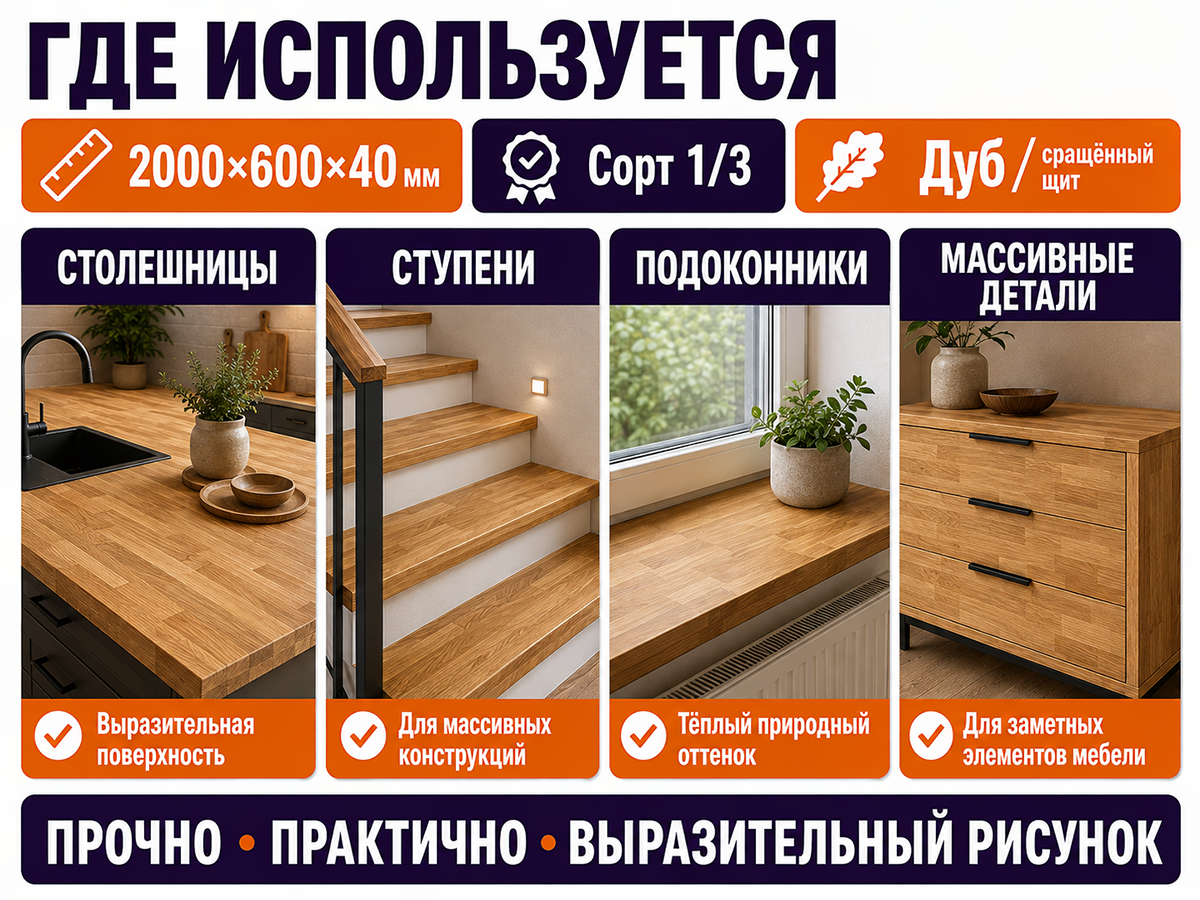 Мебельный щит из дуба сращённый, 2000×600×40 мм, сорт 1/3 фото 3
