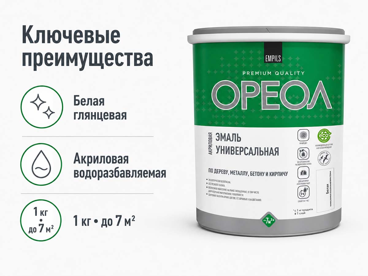 Эмаль акриловая ОРЕОЛ Premium Quality универсальная, белая глянцевая, 1 кг