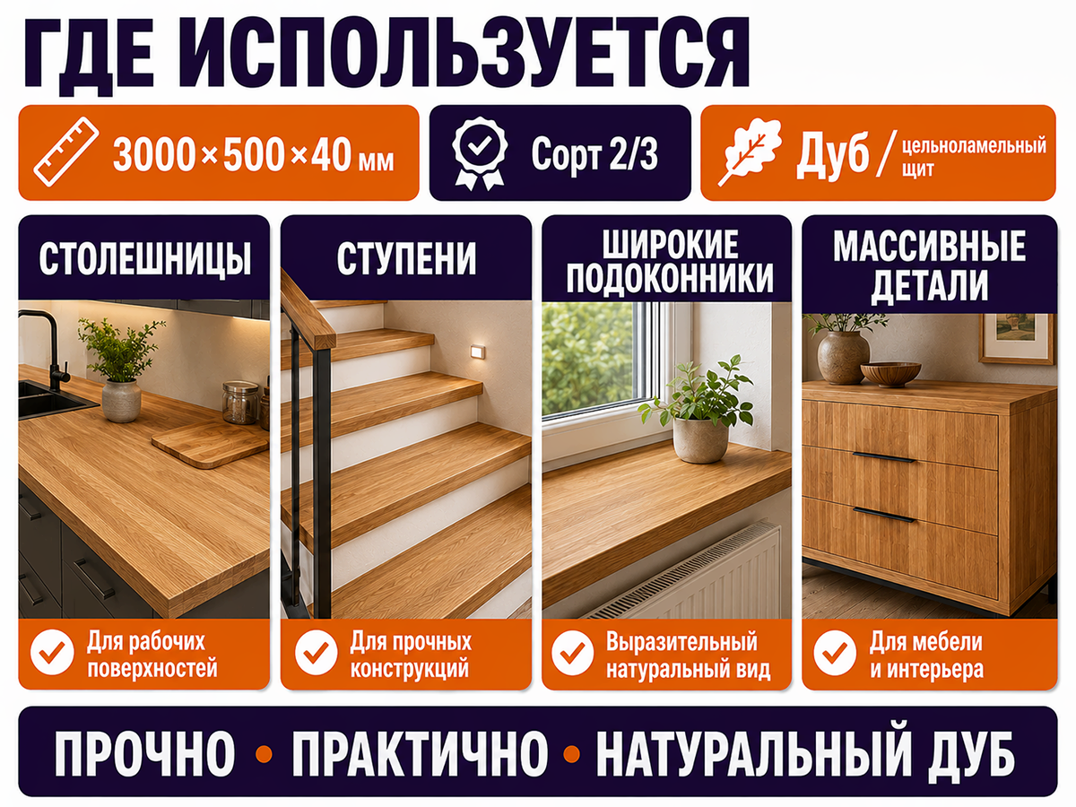 Мебельный щит из дуба 3000×500×40 мм, сорт 2/3, цельноламельный фото 3