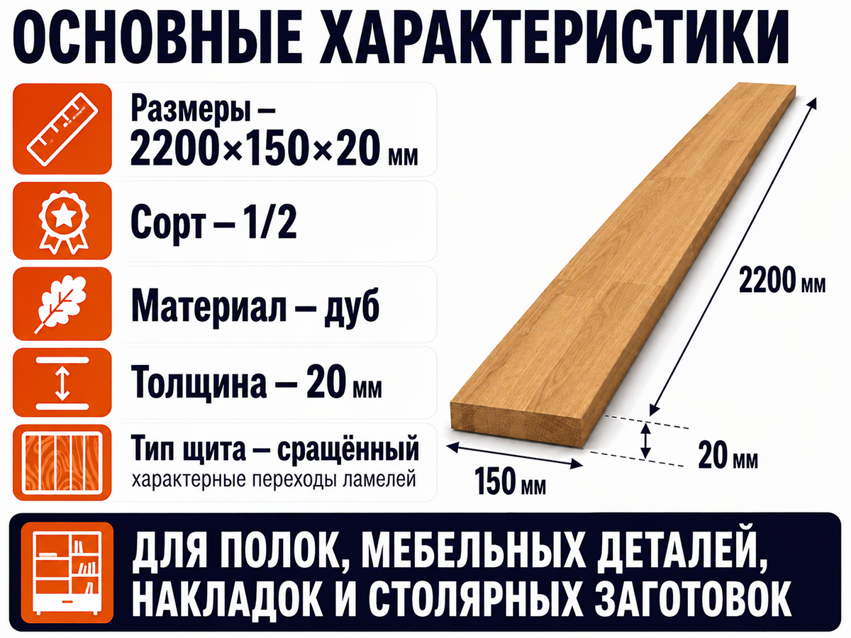 Мебельный щит из дуба сращённый, 2200×150×20 мм, сорт 1/2 фото 2