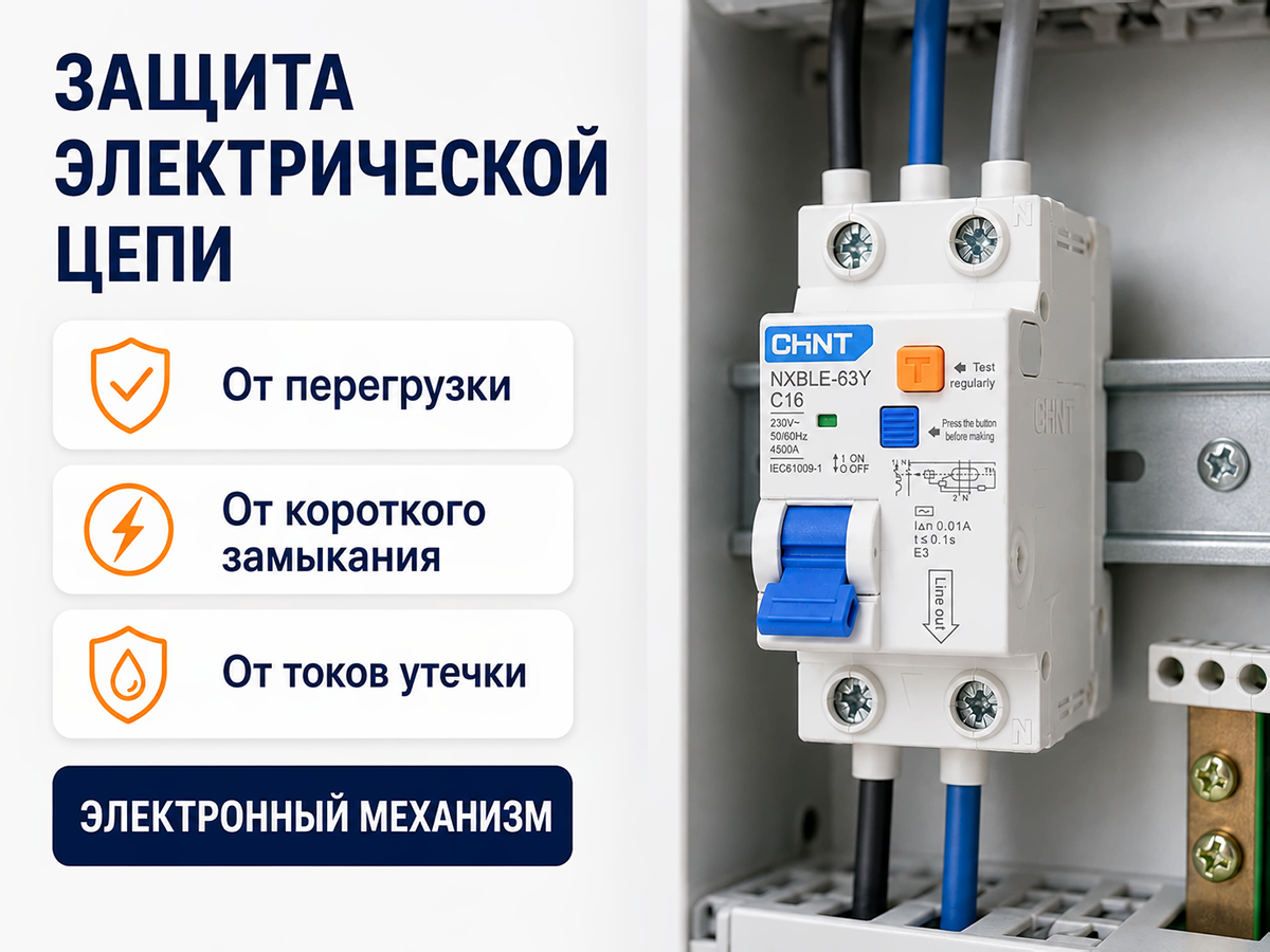 Дифференциальный автомат CHINT NXBLE-63Y 1P+N 16 А, 30 мА, AC, C, 4,5 кА фото 3