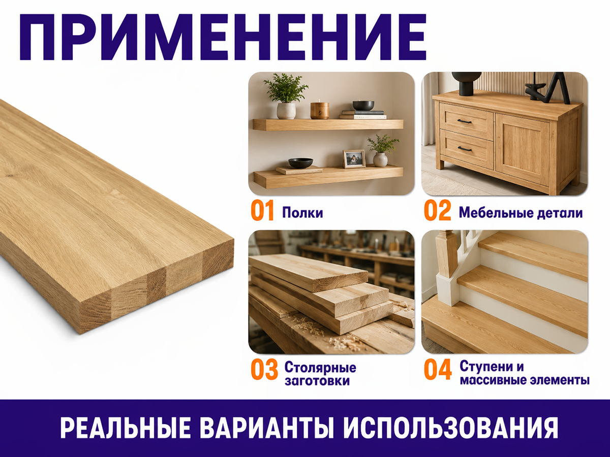 Мебельный щит из дуба 950×200×40 мм, цельноламельный, сорт ВС