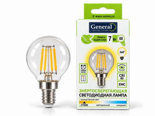Лампа светодиодная General GLDEN-G45S, 7 Вт, E14, 2700 К
