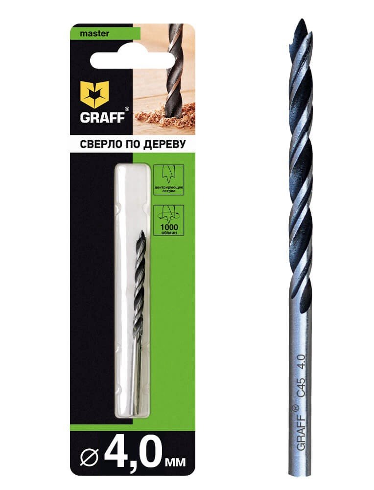 Сверло по дереву спиральное GRAFF, 4 × 43 × 75 мм