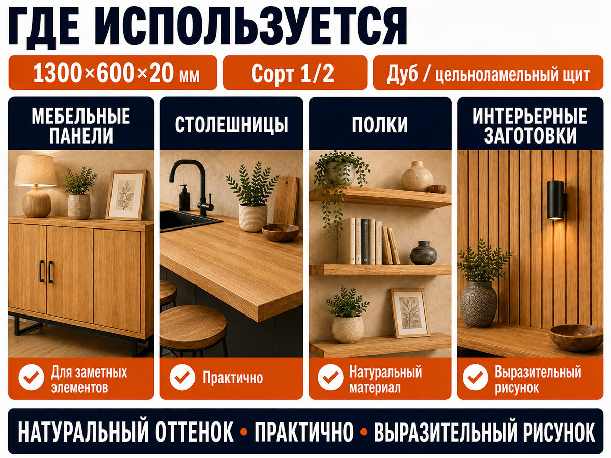 Мебельный щит из дуба цельноламельный, 1300×600×20 мм, сорт 1/2 фото 3
