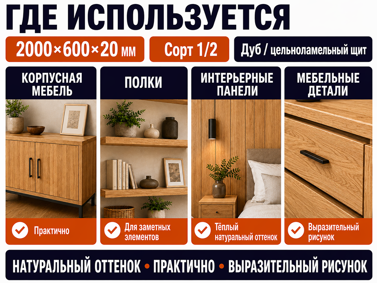 Мебельный щит из дуба цельноламельный, 2000×600×20 мм, сорт 1/2 фото 3