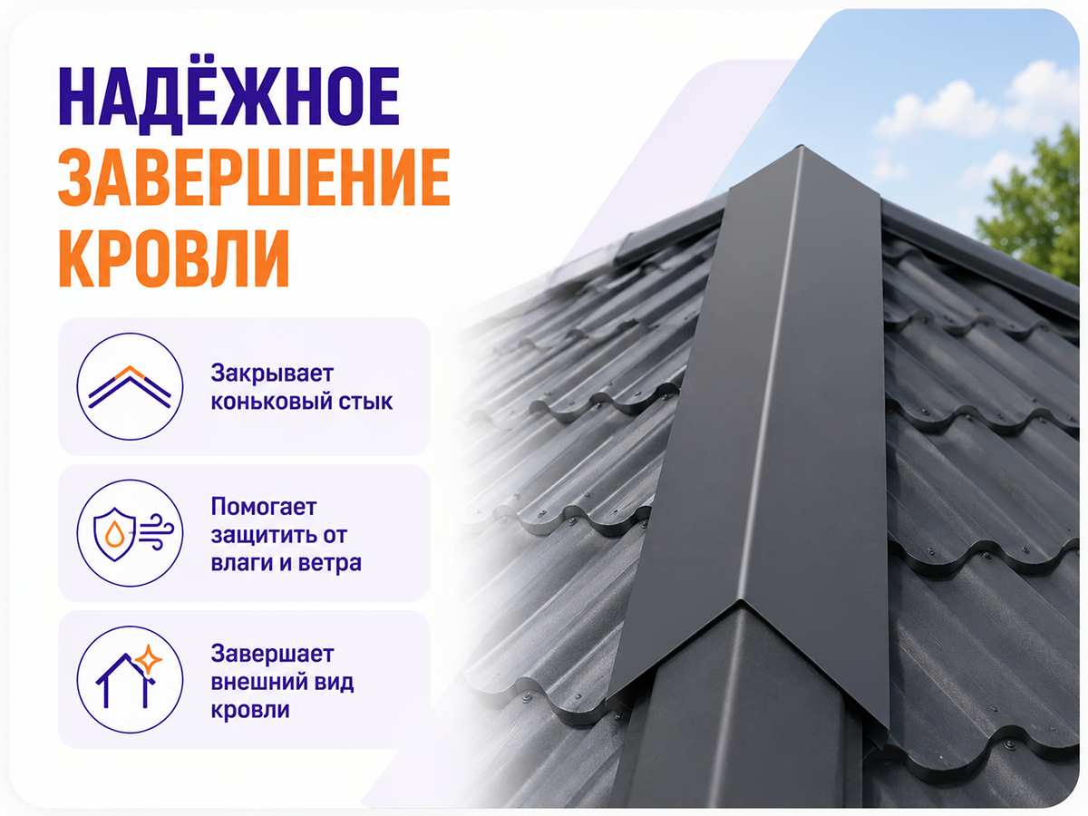 Металл Профиль конёк кровельный, 200×200 мм, 2 м, графит фото 5