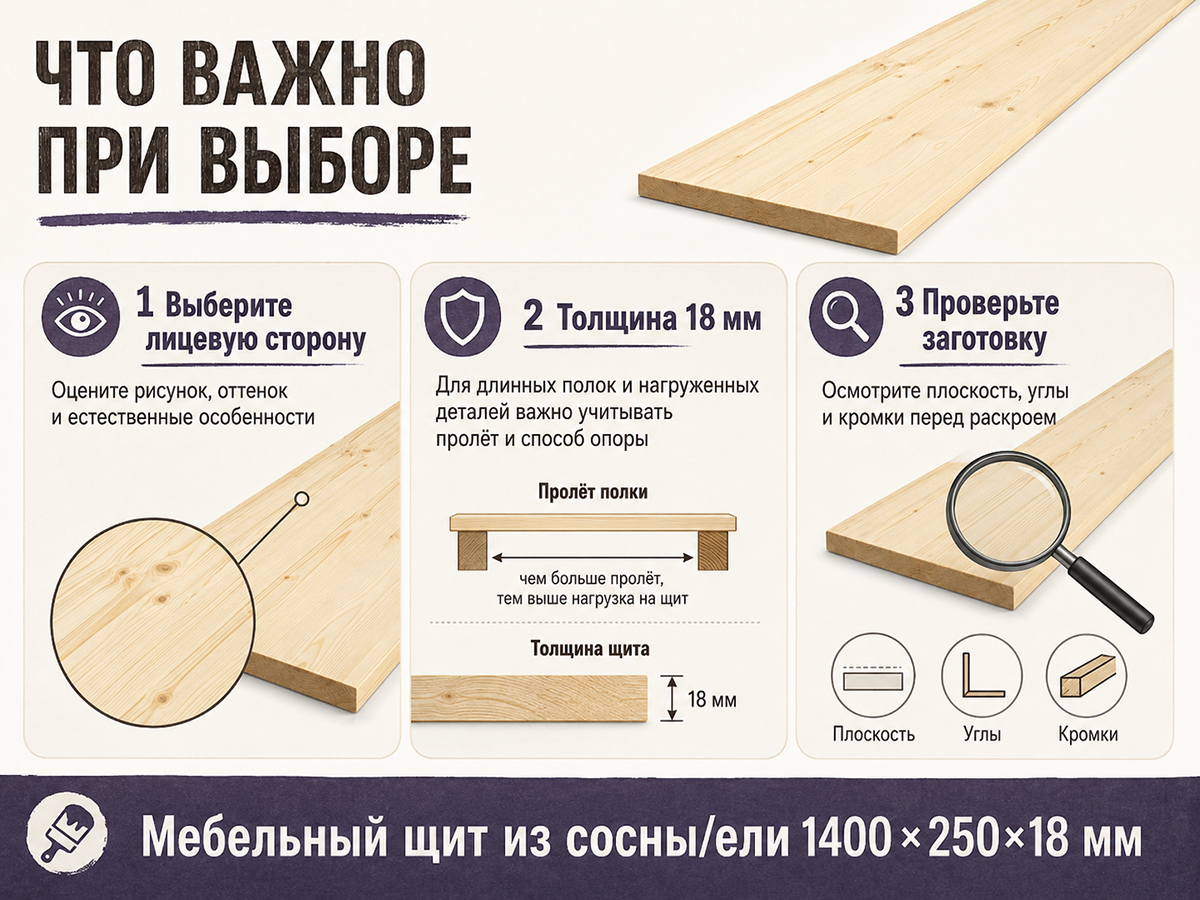 Мебельный щит из сосны/ели 1400×250×18 мм, сорт 1/2