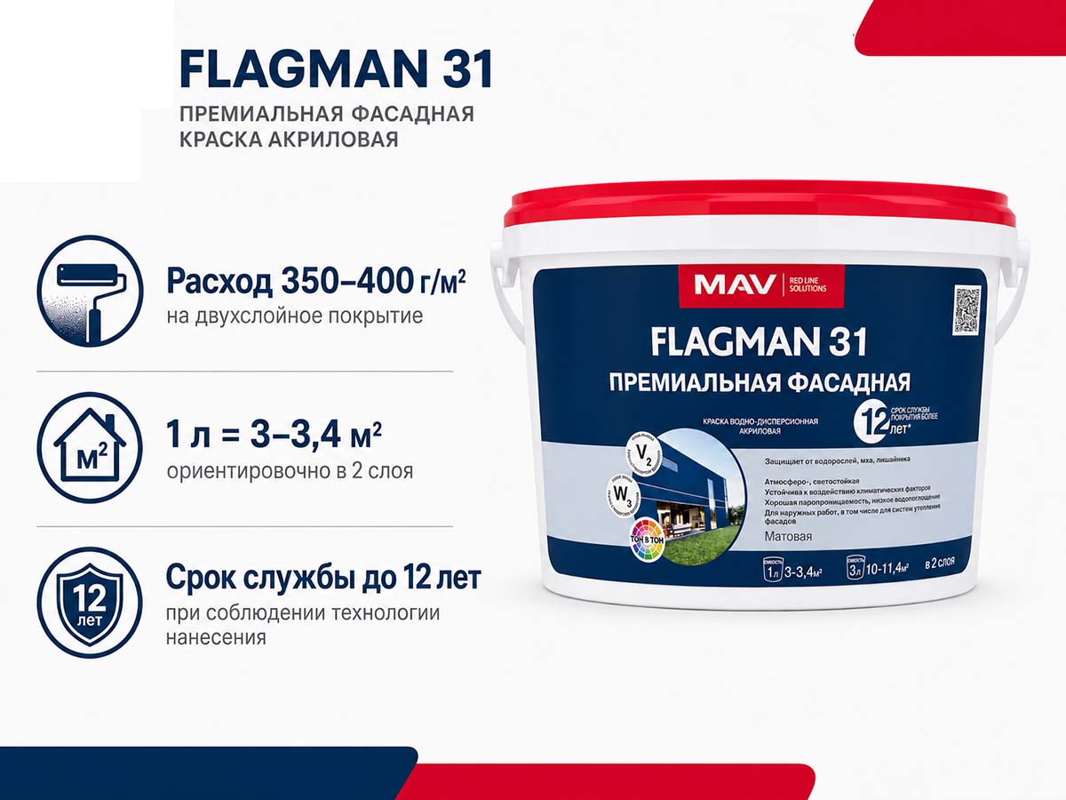 Краска акриловая MAV FLAGMAN 31 ВД-АК-1031 премиальная фасадная, белая матовая, 1 л / 1,2 кг