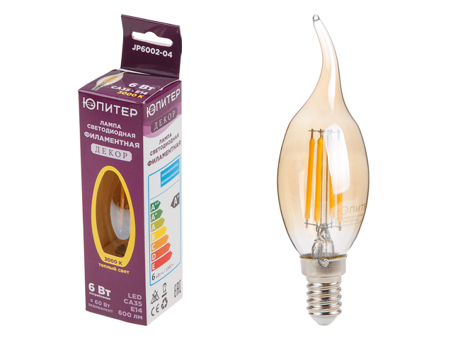 Лампа светодиодная CA35 СВЕЧА НА ВЕТРУ 6 Вт 220-240В E14 3000К ЮПИТЕР ДЕКОР