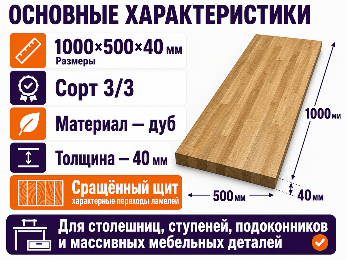 Мебельный щит из дуба сращённый, 1000×500×40 мм, сорт 3/3 фото 2