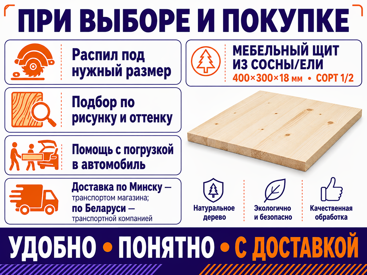 Мебельный щит из сосны/ели 400×300×18 мм, сорт 1/2