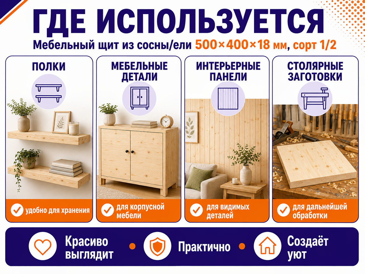 Мебельный щит из сосны/ели 500×400×18 мм, сорт 1/2