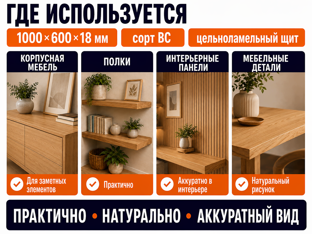 Мебельный щит из дуба цельноламельный, 1000×600×18 мм, сорт BC фото 3