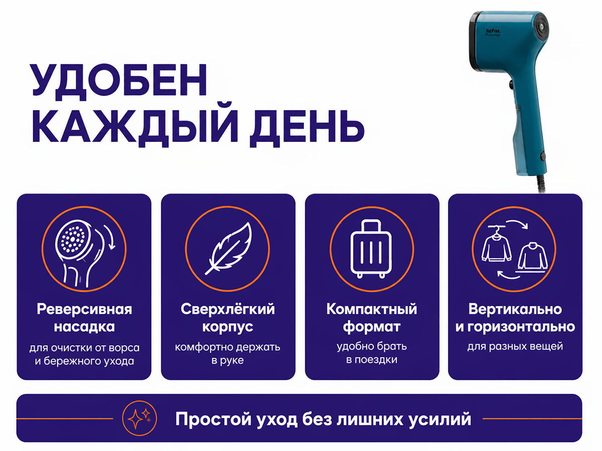 Отпариватель Tefal Pure Pop DT2020E1, синий, 1300 Вт фото 4