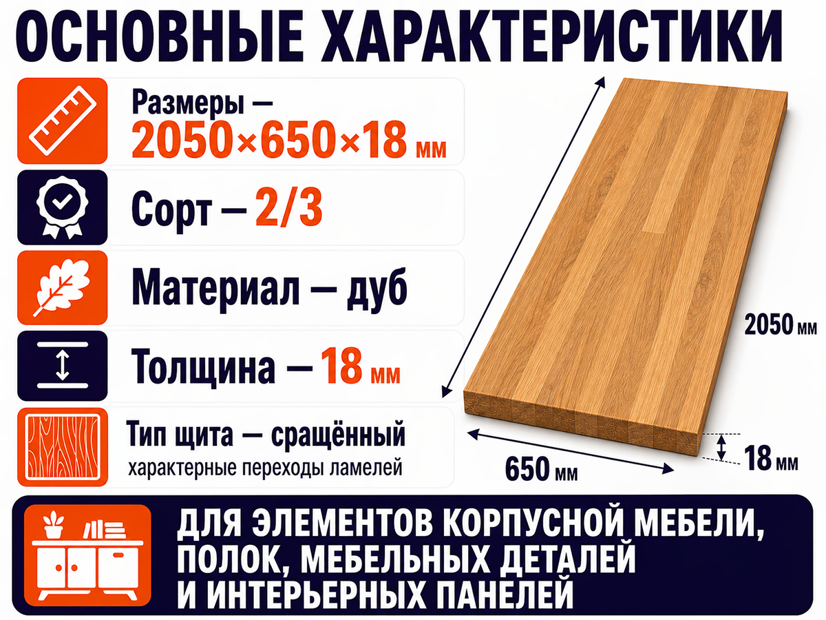 Мебельный щит из дуба сращённый, 2050×650×18 мм, сорт 2/3 фото 2