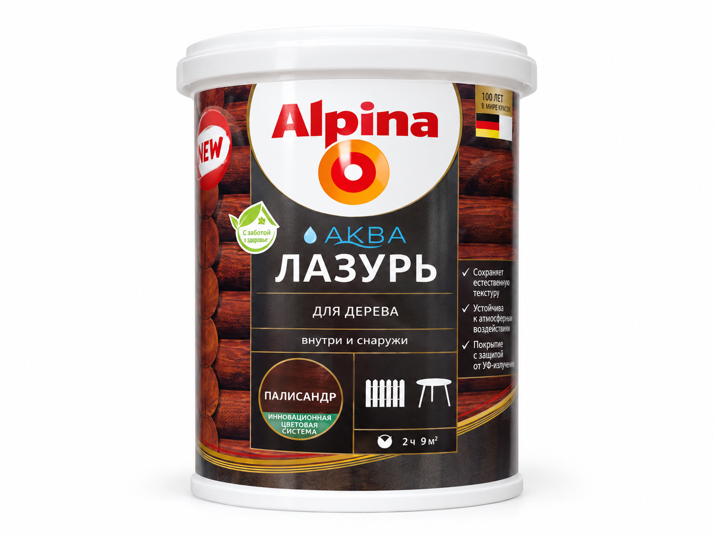 Лак акриловый Alpina «Аква Лазурь» для дерева, палисандр, 0,9 л