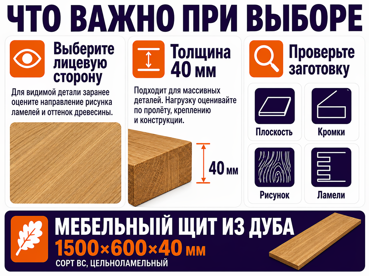 Мебельный щит из дуба цельноламельный, 1500×600×40 мм, сорт BC фото 4