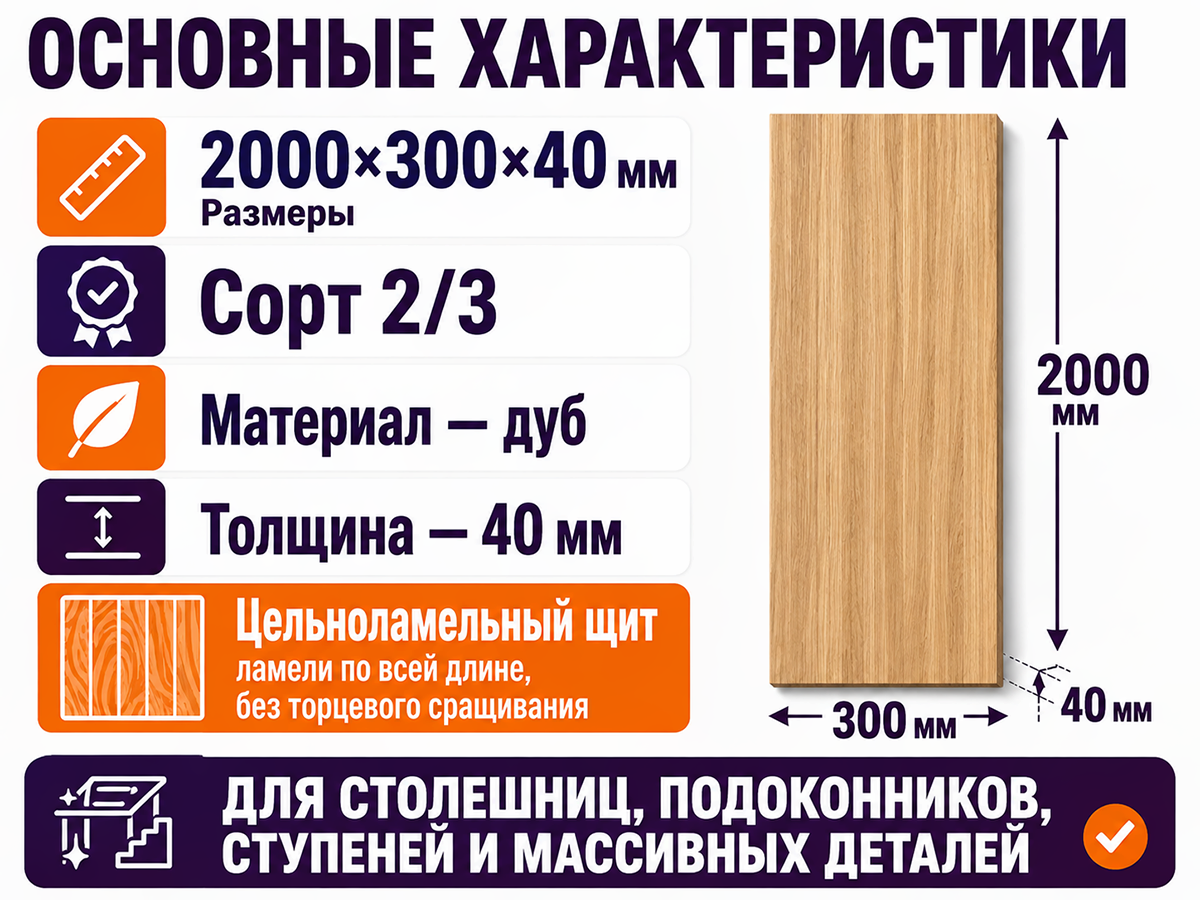 Мебельный щит из дуба 2000×300×40 мм, сорт 2/3, цельноламельный фото 2