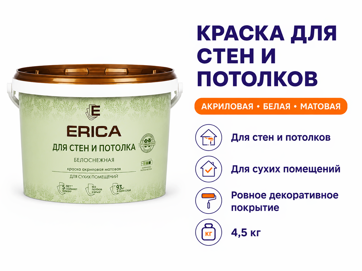 Краска акриловая ERICA для стен и потолков, белая матовая, 4,5 кг фото 2