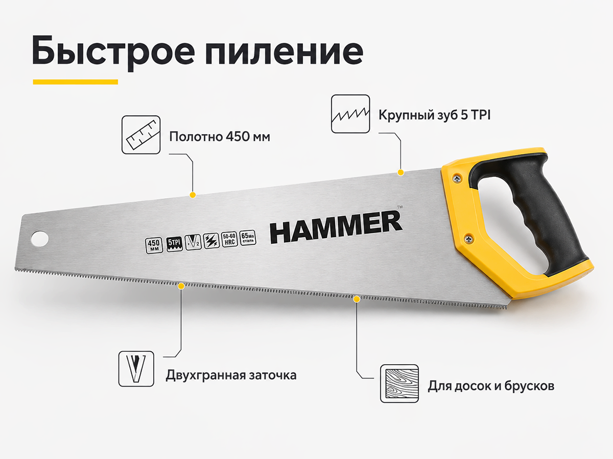 Ножовка по дереву HAMMER 03100-010545, 450 мм, крупный зуб, 5 TPI, двухгранная заточка