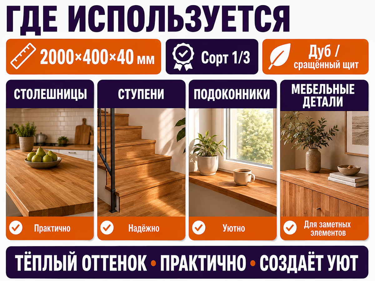 Мебельный щит из дуба сращённый, 2000×400×40 мм, сорт 1/3 фото 3