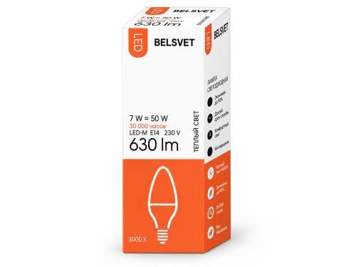 Лампа светодиодная Belsvet LED M C37, 7 Вт, 3000 K, E14, 600 лм