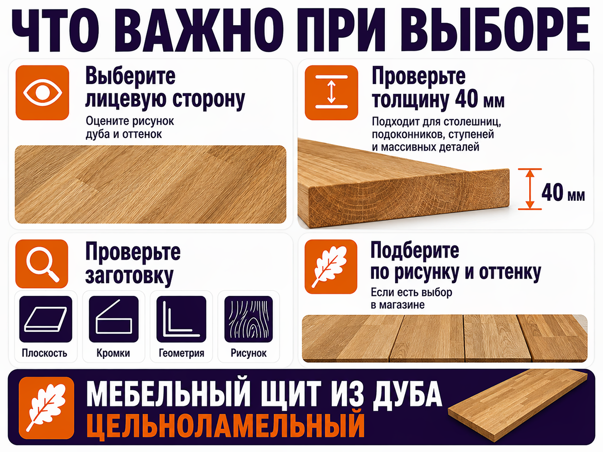 Мебельный щит из дуба 1800×300×40 мм, сорт 2/3, цельноламельный фото 5