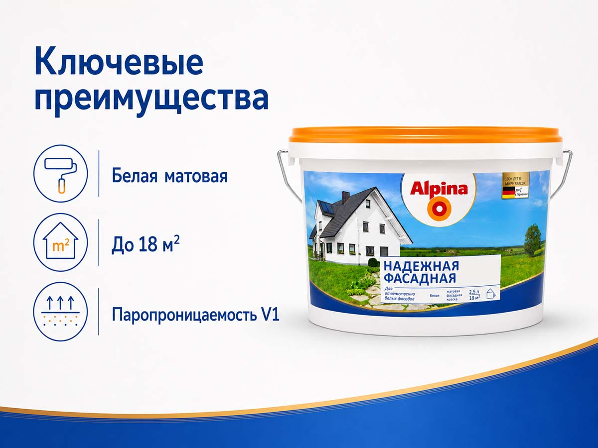 Краска акриловая Alpina Надежная фасадная, белая матовая, 2,5 л / 3,88 кг