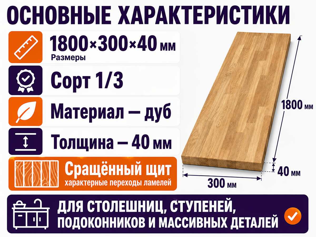 Мебельный щит из дуба сращённый, 1800×300×40 мм, сорт 1/3 фото 2