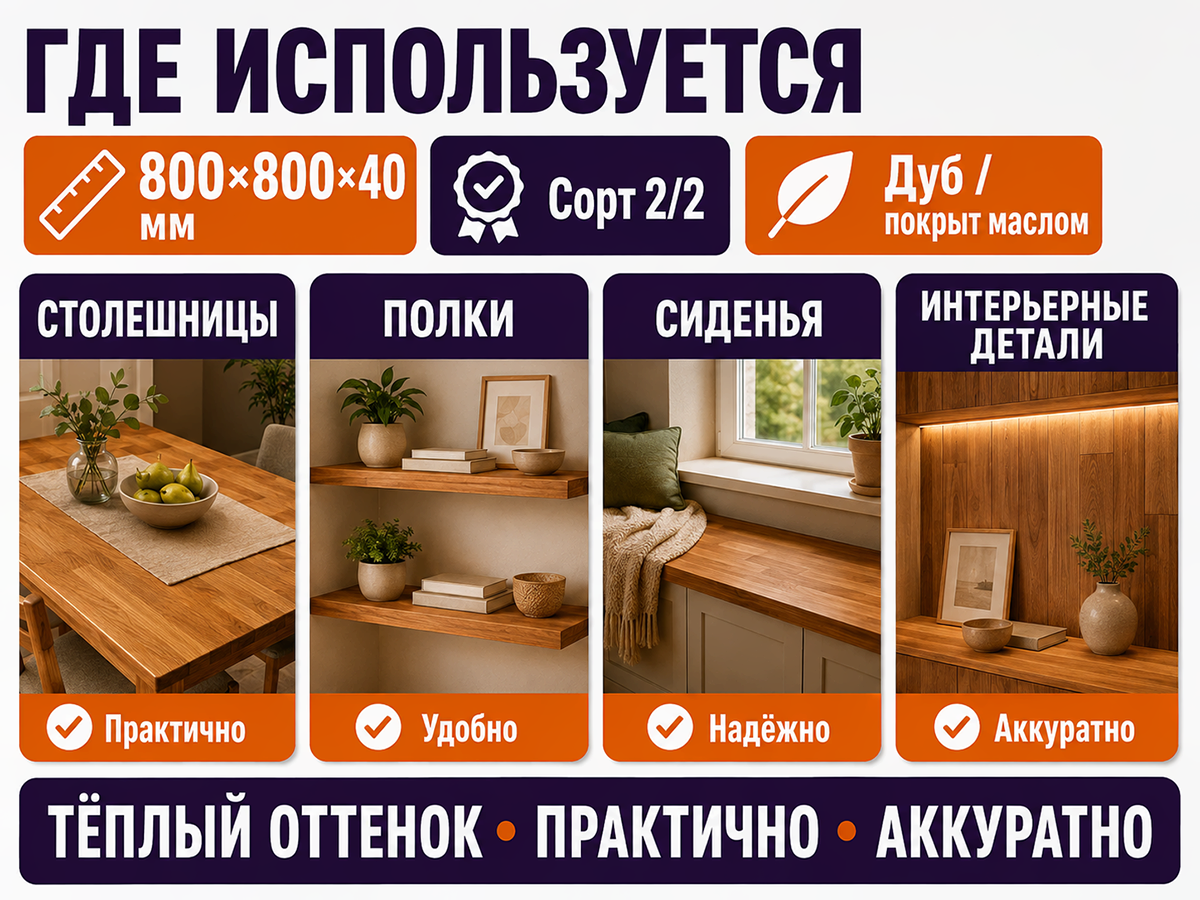 Мебельный щит из дуба, 800×800×40 мм, сорт 2/2 фото 3