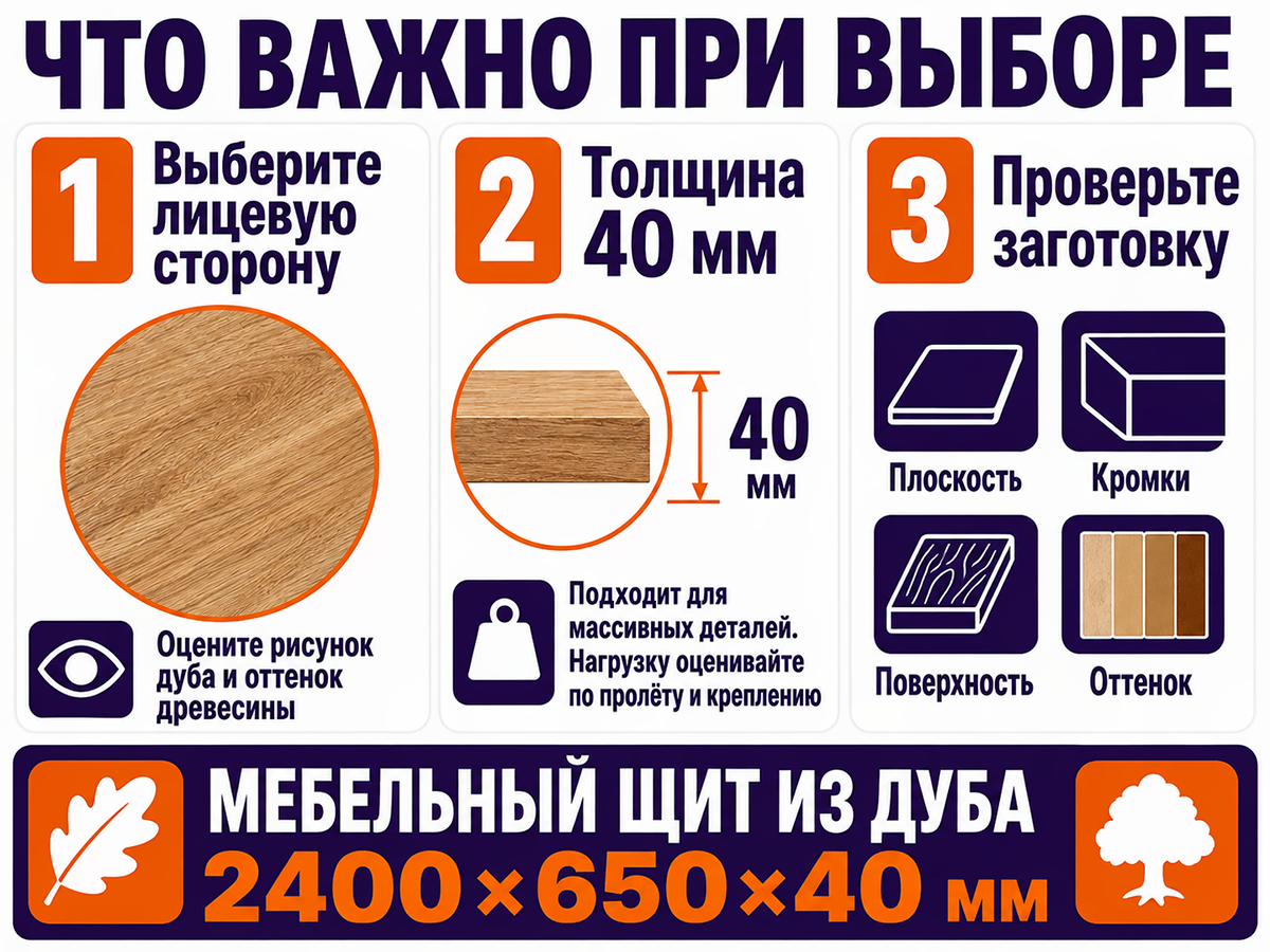 Мебельный щит из дуба цельноламельный, 2400×650×40 мм, сорт 2/3 фото 5