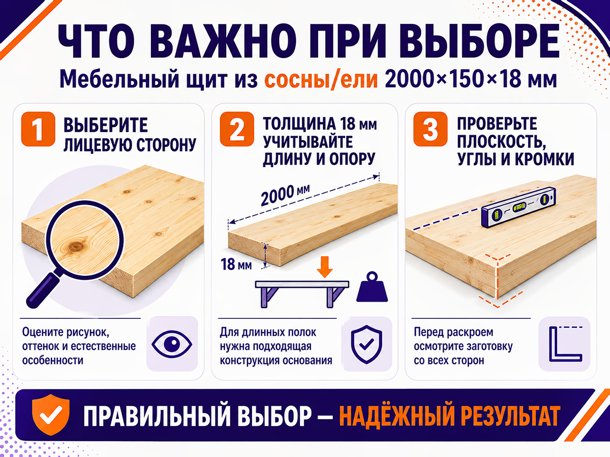 Мебельный щит из сосны/ели 2000×150×18 мм, сорт 1/2