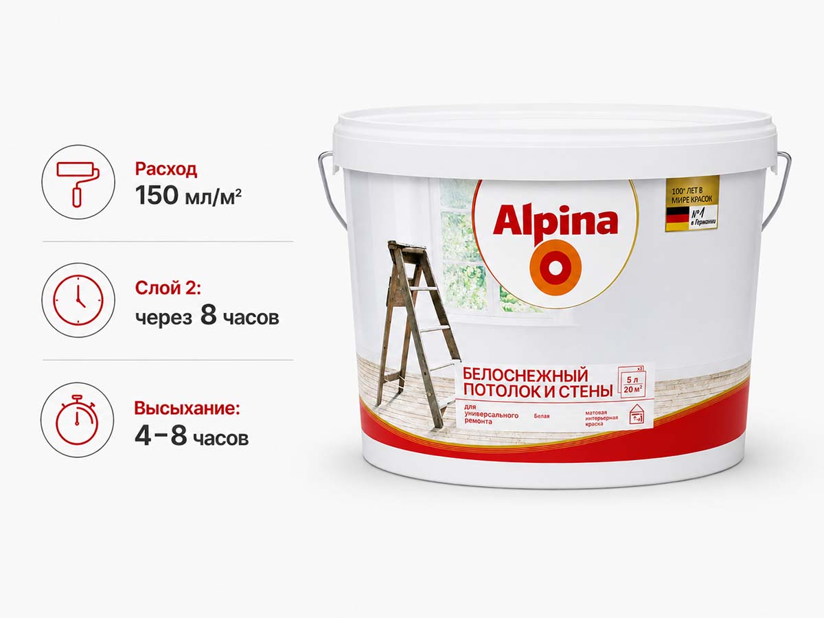 Краска акриловая Alpina Белоснежный потолок и стены, белая матовая, 5 л / 7,5 кг