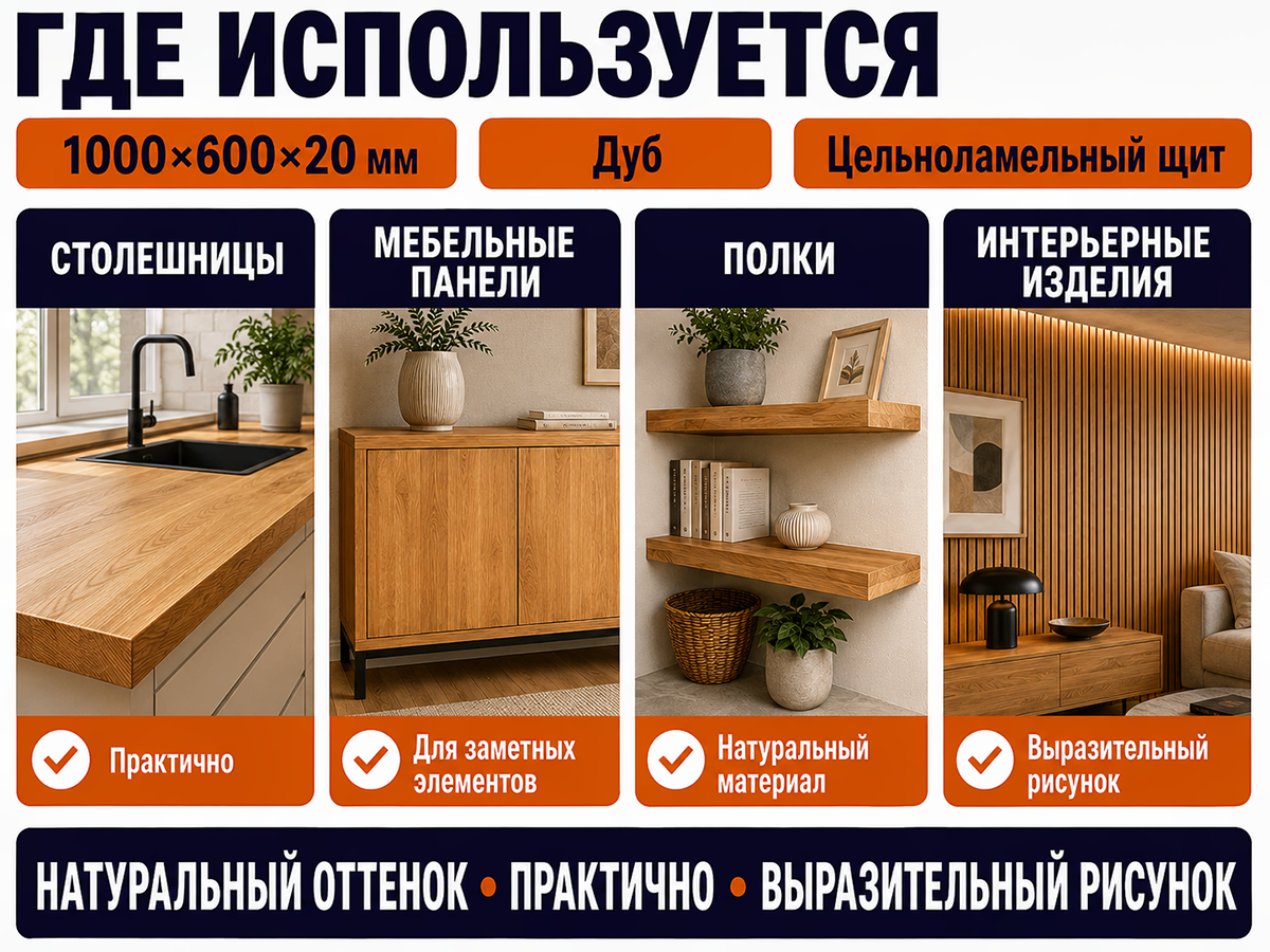 Мебельный щит из дуба цельноламельный, 1000×600×20 мм, сорт 1/2 фото 4