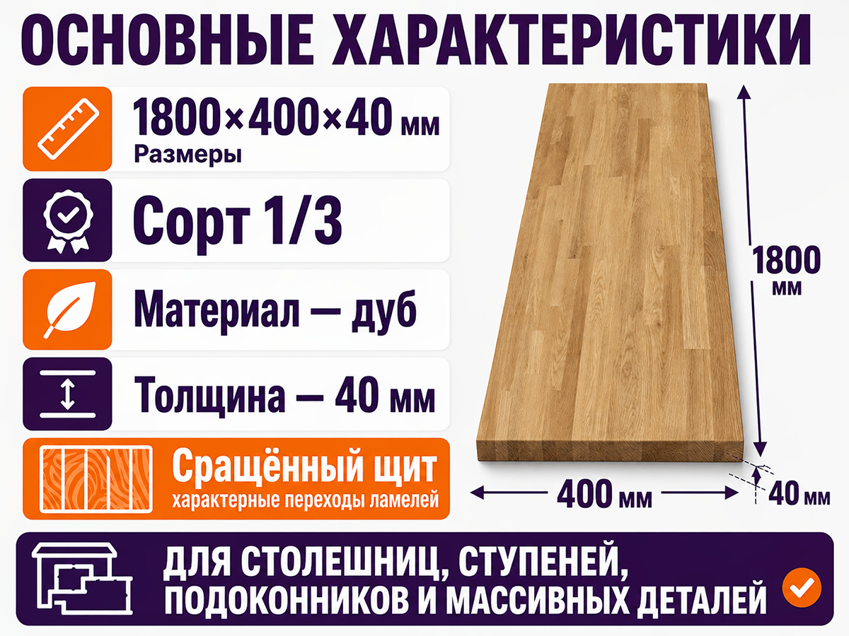 Мебельный щит из дуба сращённый, 1800×400×40 мм, сорт 1/3 фото 2