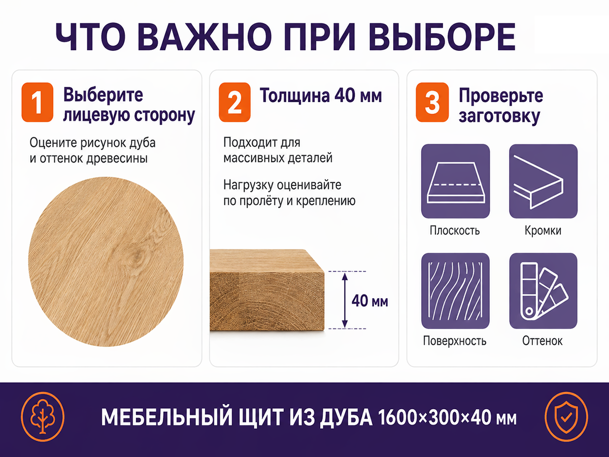 Мебельный щит из дуба 1600×300×40 мм, сорт 2/3, цельноламельный фото 4