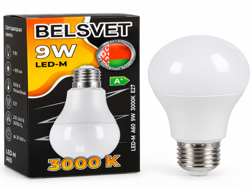 Белсвет лампа светодиодная LED-M A60, 9 Вт, 3000 К, E27