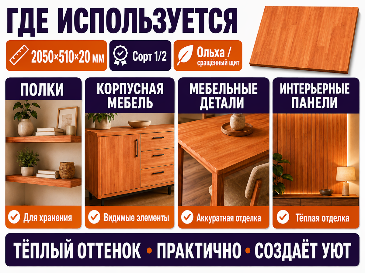 Мебельный щит из ольхи 2050×510×20 мм, сорт 1/2, сращённый фото 3
