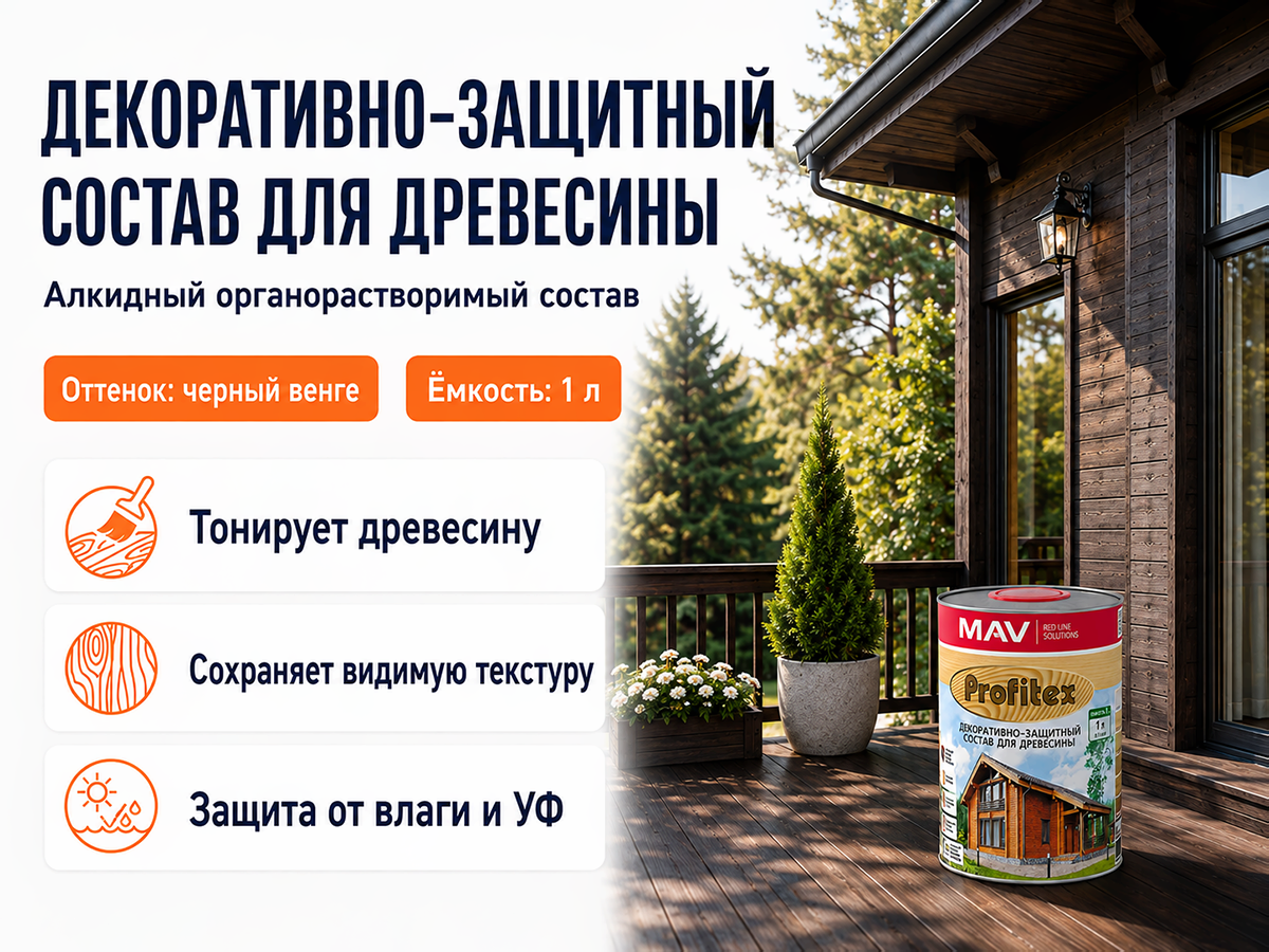 Состав PROFITEX декоративно-защитный для древесины «Черный венге», 1 л (0,7 кг) фото 2