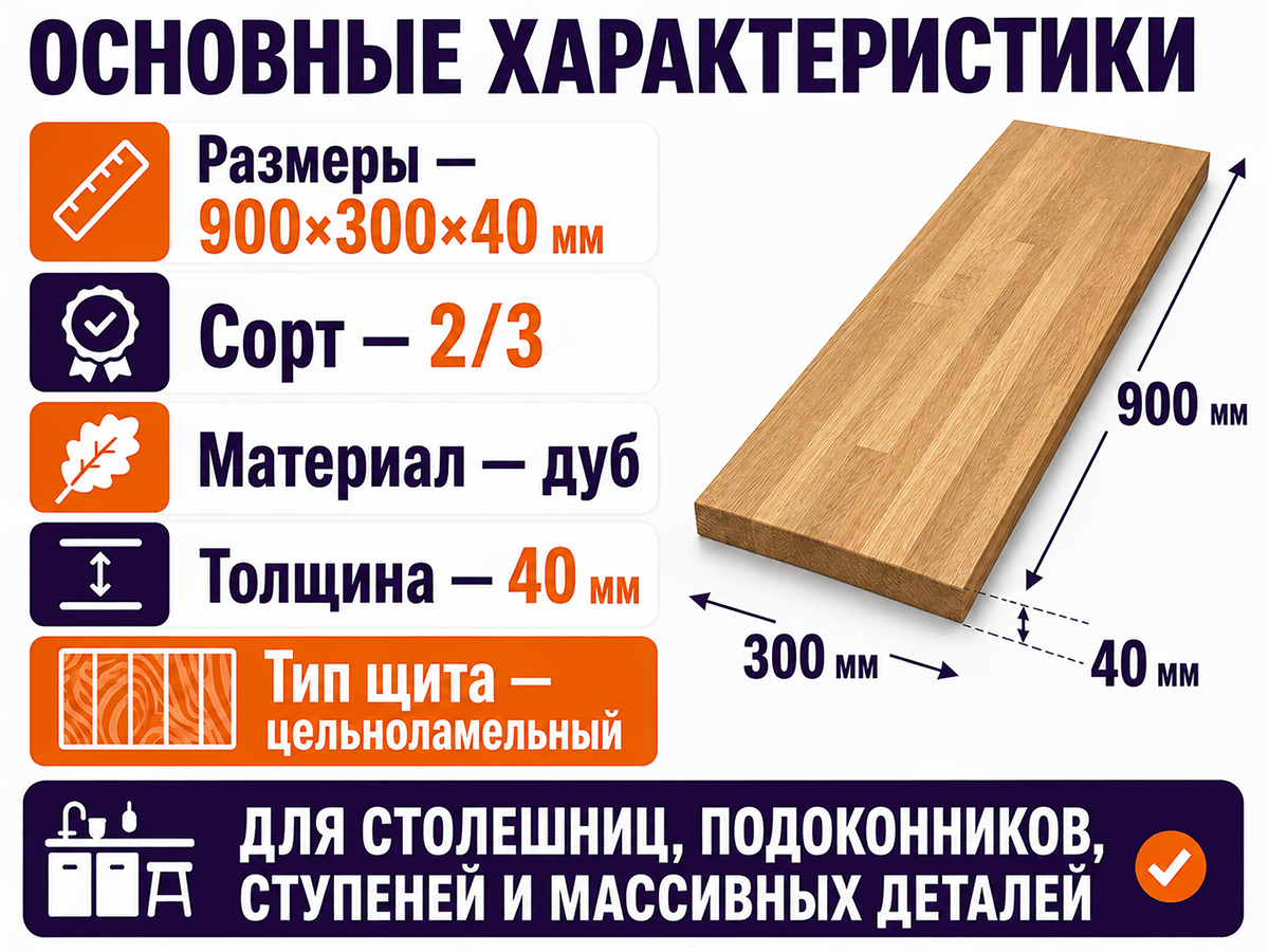 Мебельный щит из дуба 900×300×40 мм, сорт 2/3, цельноламельный фото 2