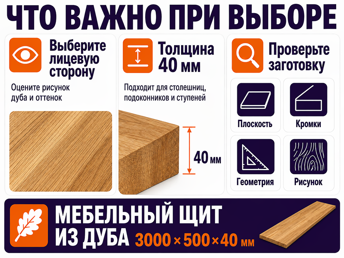 Мебельный щит из дуба 3000×500×40 мм, сорт 2/3, цельноламельный фото 5