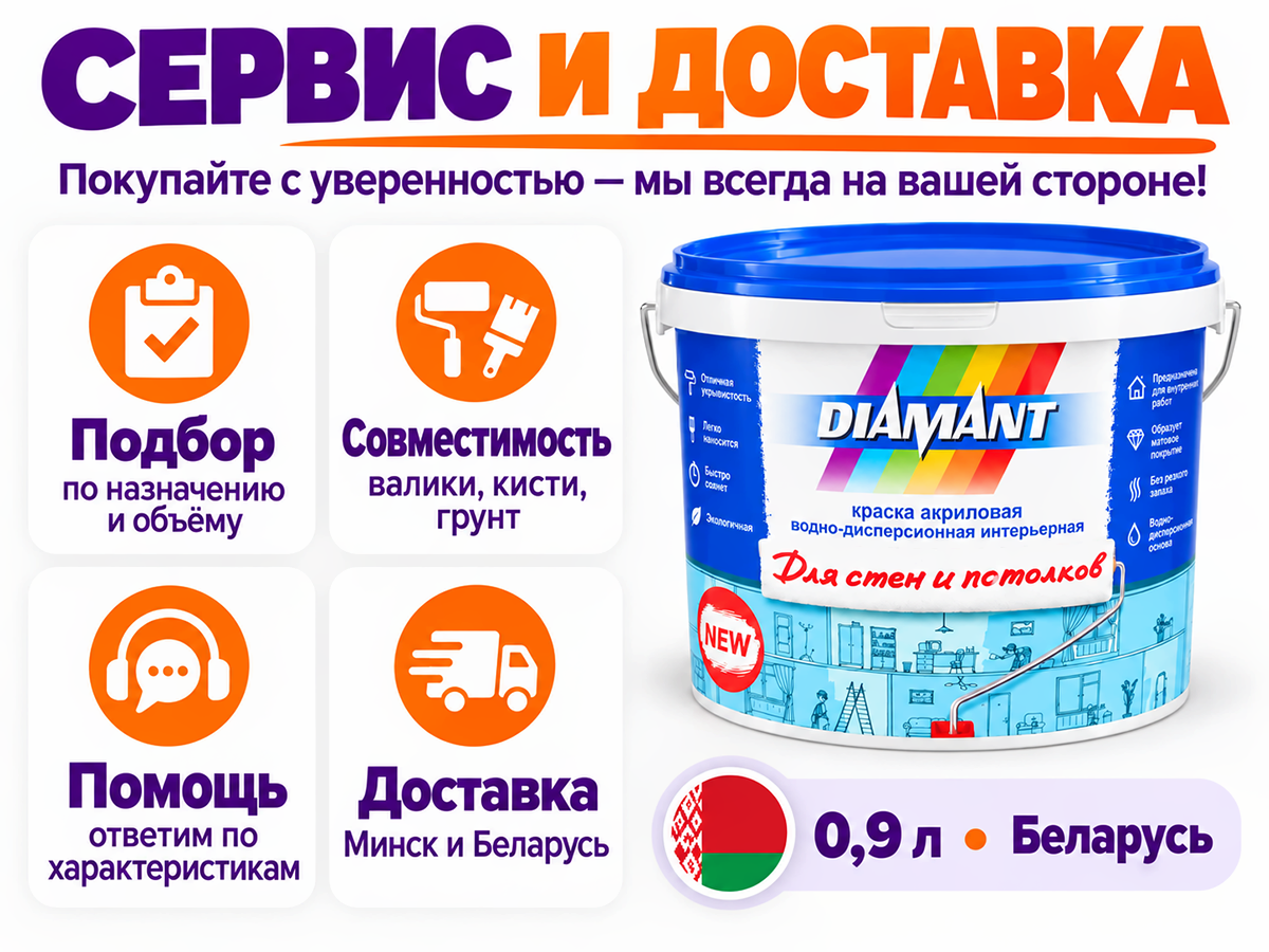 Краска DIAMANT для стен и потолков, белая, 0,9 л фото 5