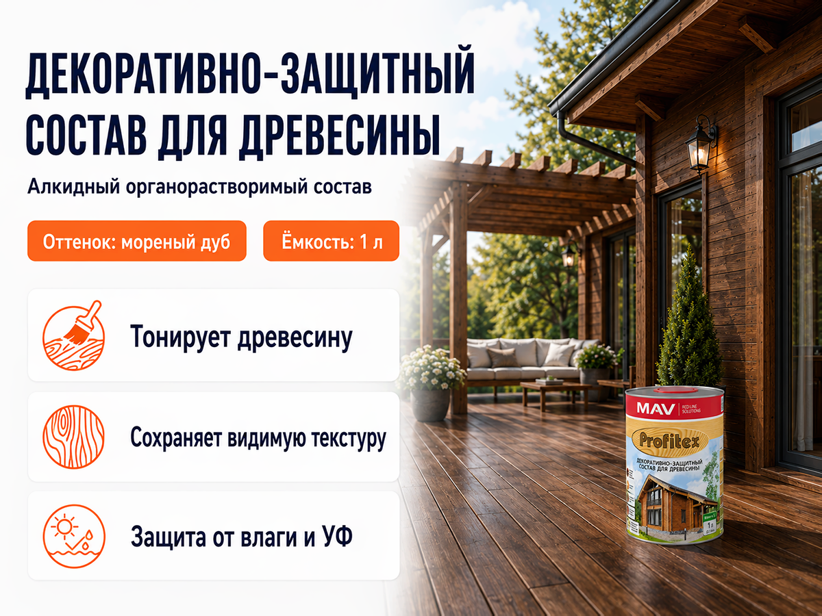 Состав PROFITEX декоративно-защитный для древесины «Мореный дуб», 1 л (0,7 кг) фото 2