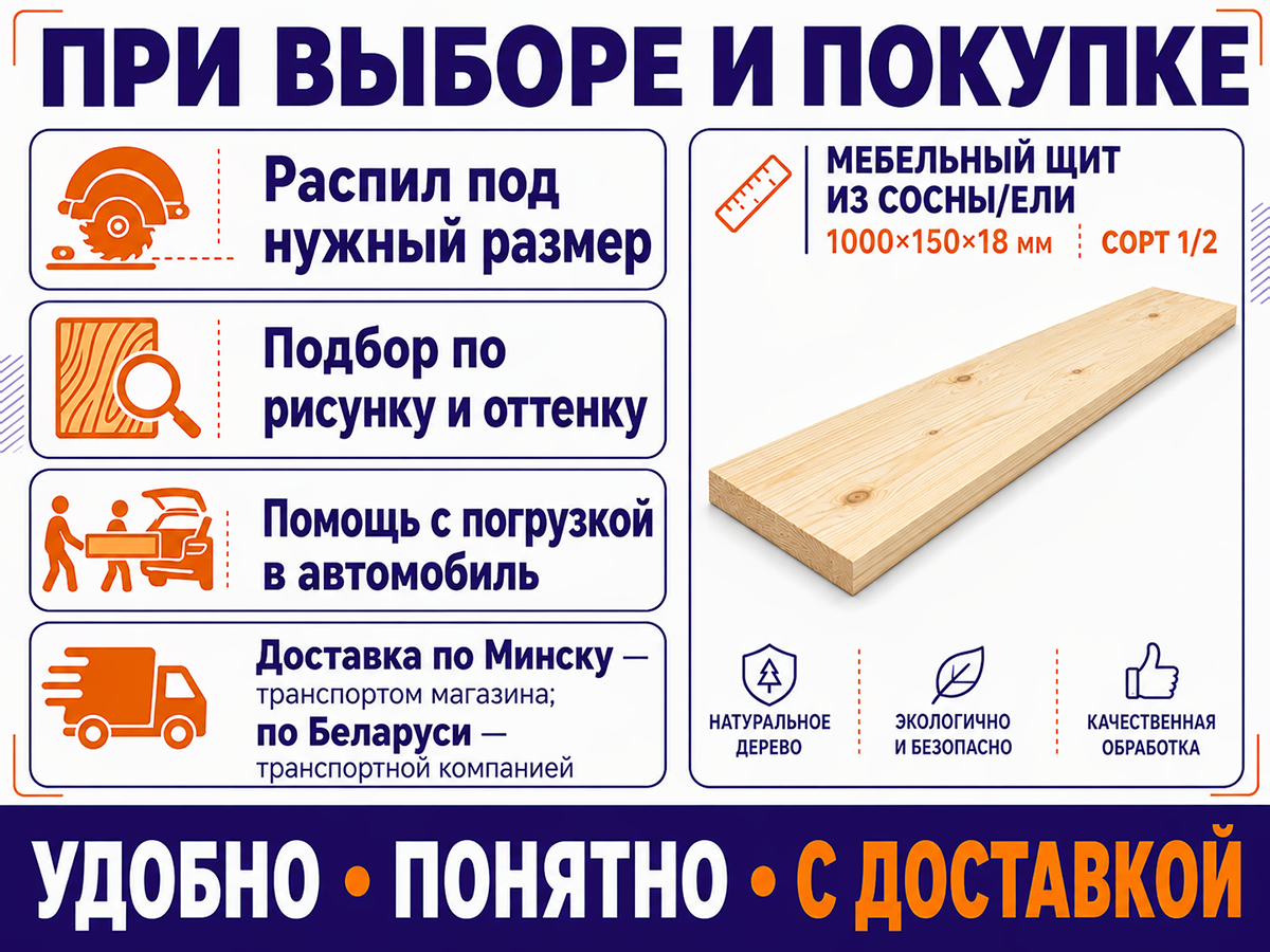 Мебельный щит из сосны/ели 1000×150×18 мм, сорт 1/2