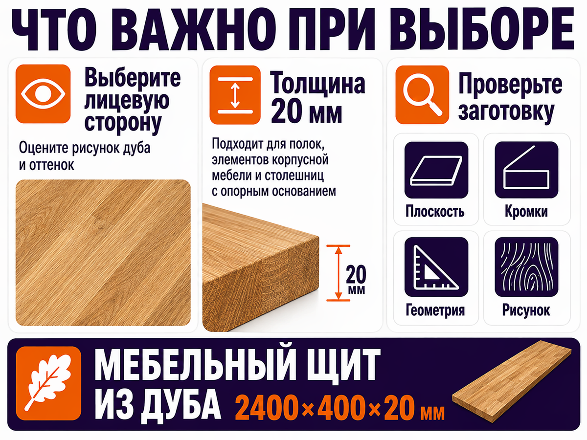 Мебельный щит из дуба 2400×400×20 мм, сорт 2/3, цельноламельный фото 4