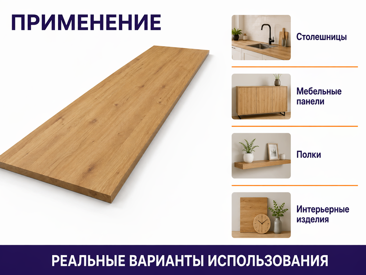 Мебельный щит из дуба 2800×600×20 мм, цельноламельный, сорт 2/3