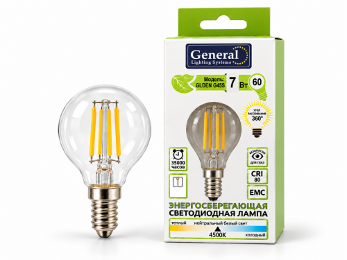 Лампа светодиодная General GLDEN-G45S, 7 Вт, E14, 4500 К