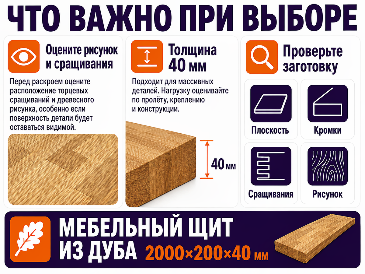 Мебельный щит из дуба сращённый, 2000×200×40 мм, сорт 1/3 фото 4