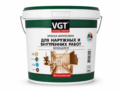 Краска акриловая VGT ВД-АК-1180 «Белоснежная» моющаяся для наружных и внутренних работ, 7 кг